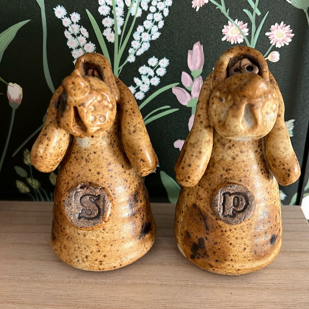 Handmade pottery, ceramic, salt & pepper shaker set puppy dog. Kitchen decor
